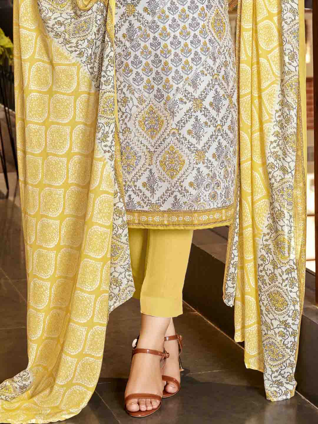 Zulfat Cotton Block Printed Unstitched Suit Set with Embroidery Yellow
