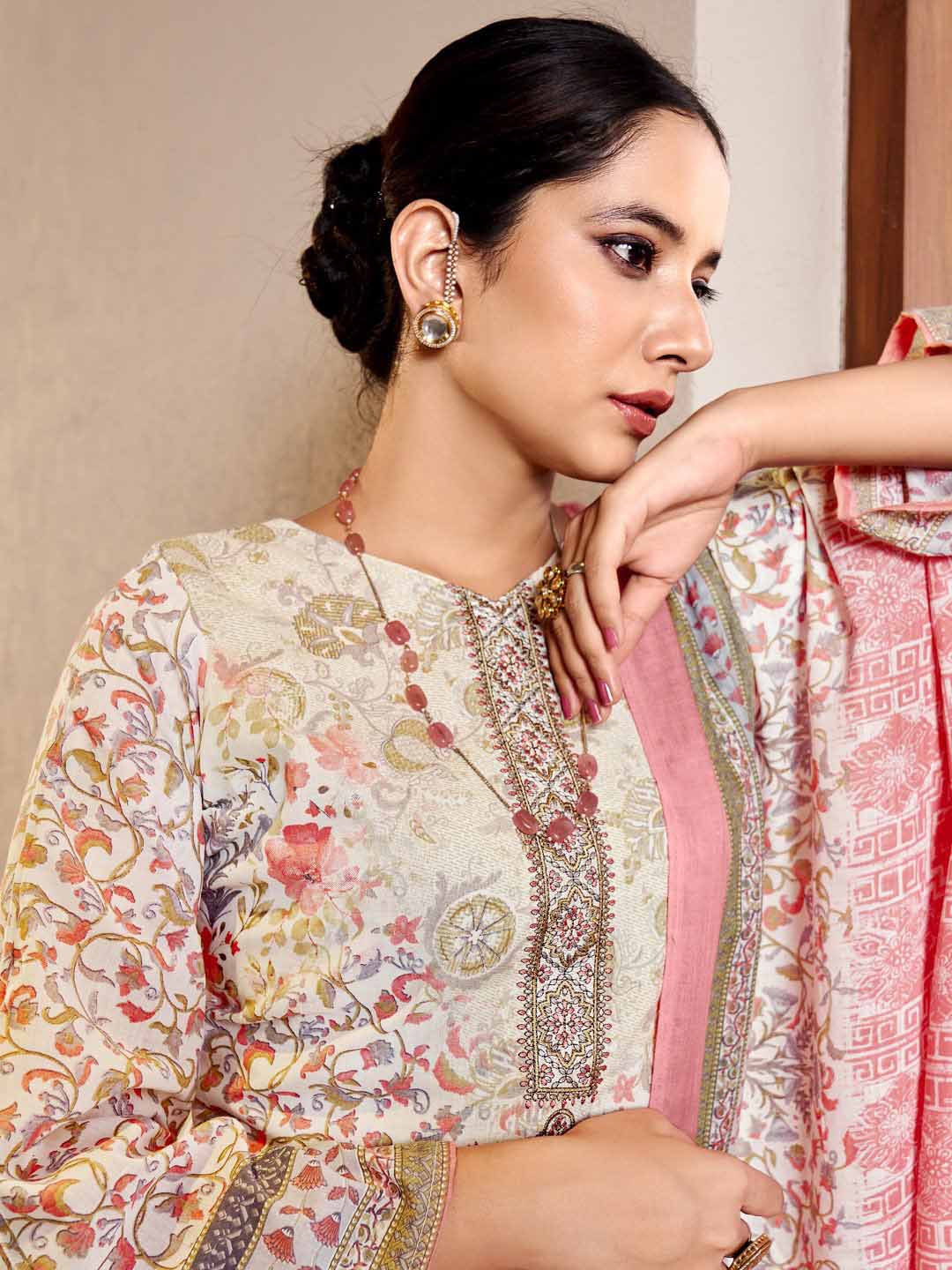 Zulfat Cotton Block Printed Unstitched Suit Set Peach