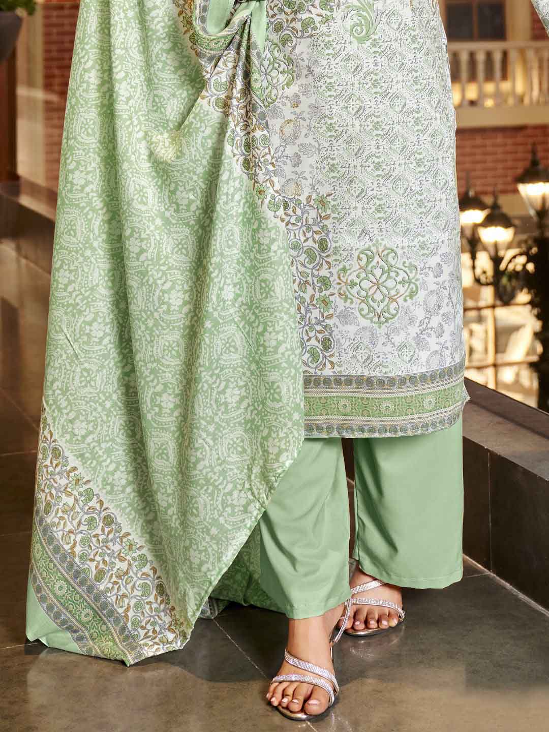 Zulfat Cotton Block Printed Unstitched Women Suit Set Light Green