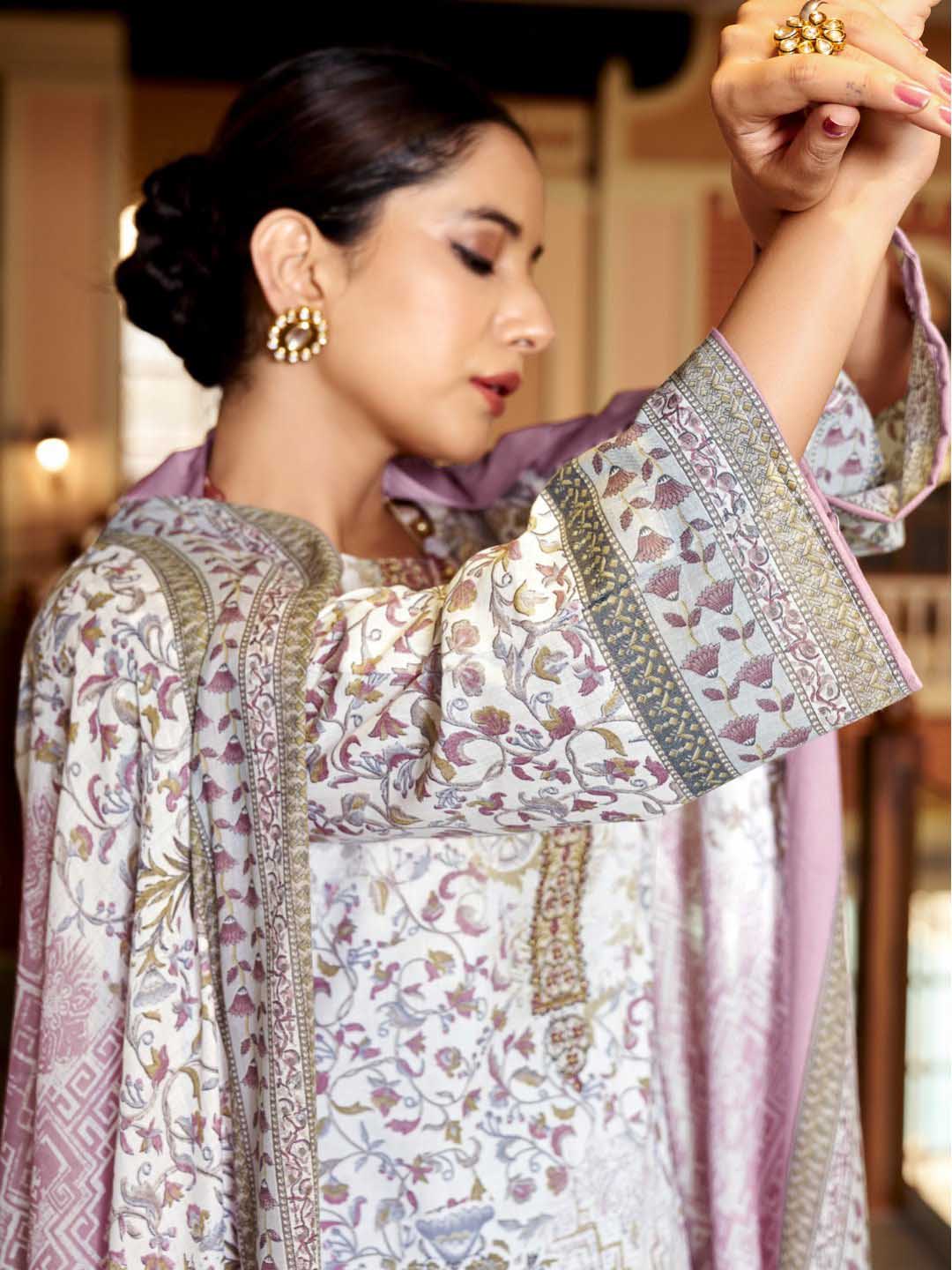 Zulfat Cotton Block Printed Unstitched Women Suit Set Mauve