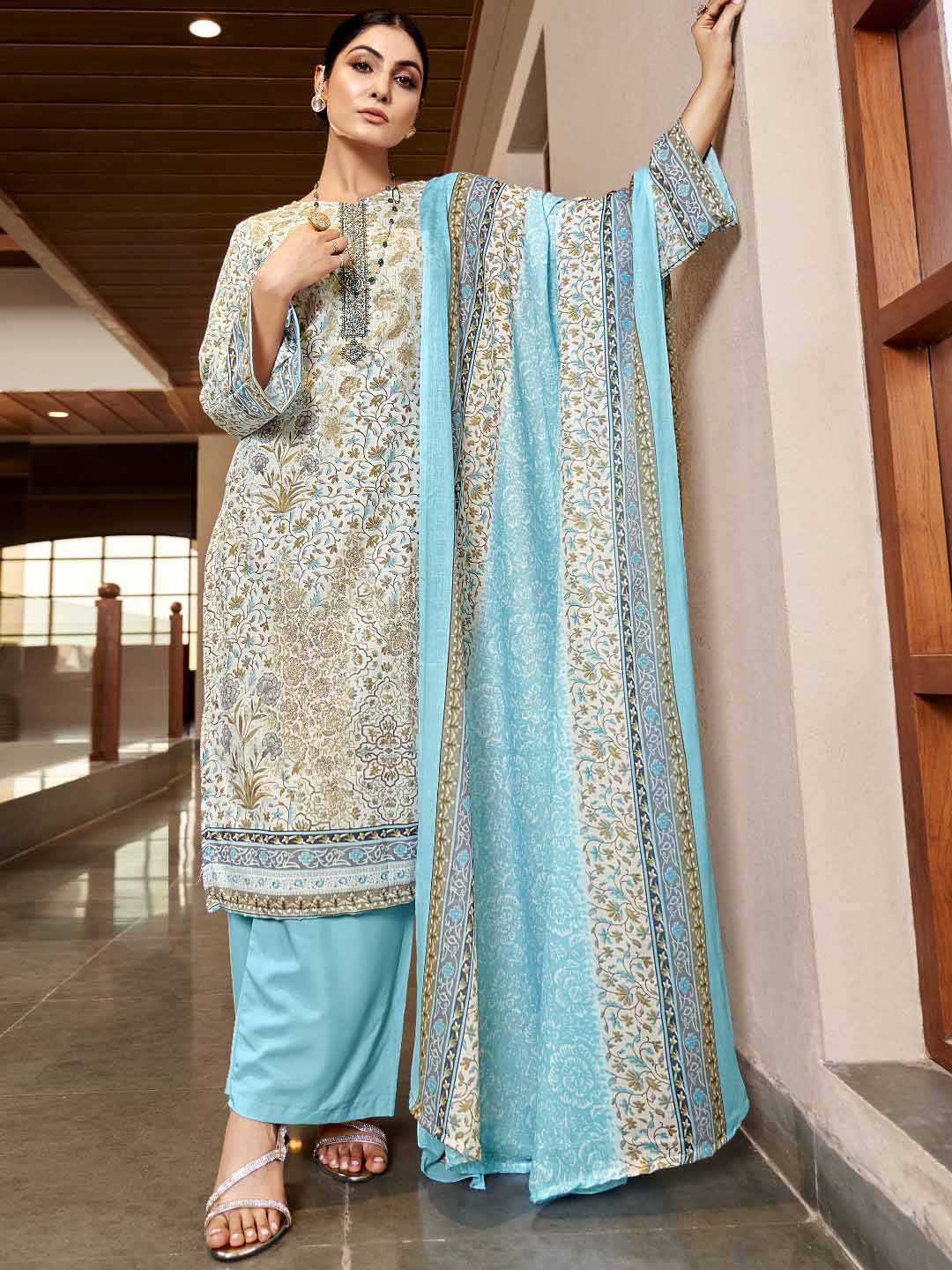 Zulfat Cotton Block Printed Unstitched Suit Set with Embroidery Blue