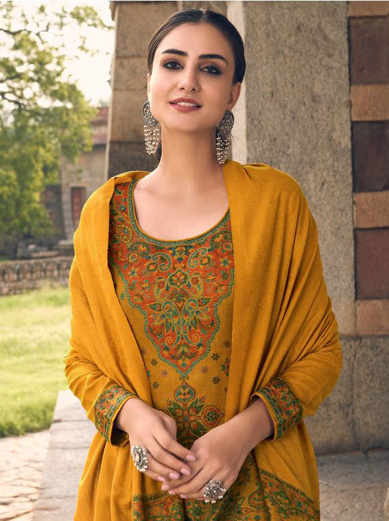 Pure Handloom Weaving Pashmina Mustard Winter Suits Set - Stilento