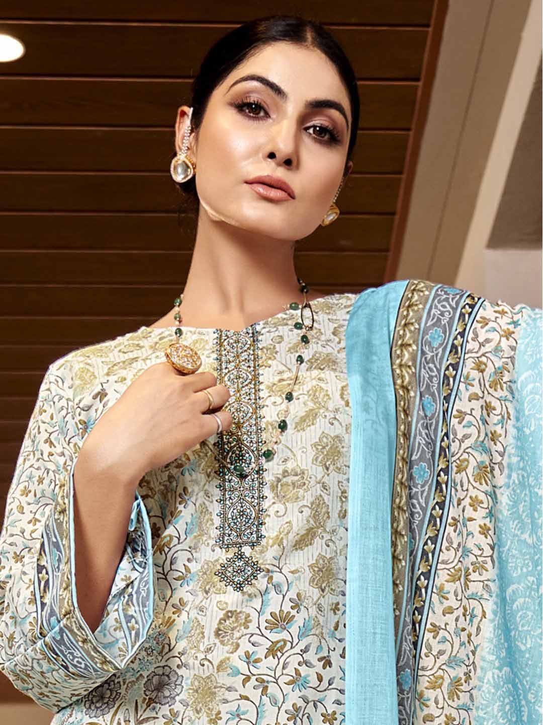 Zulfat Cotton Block Printed Unstitched Suit Set with Embroidery Blue