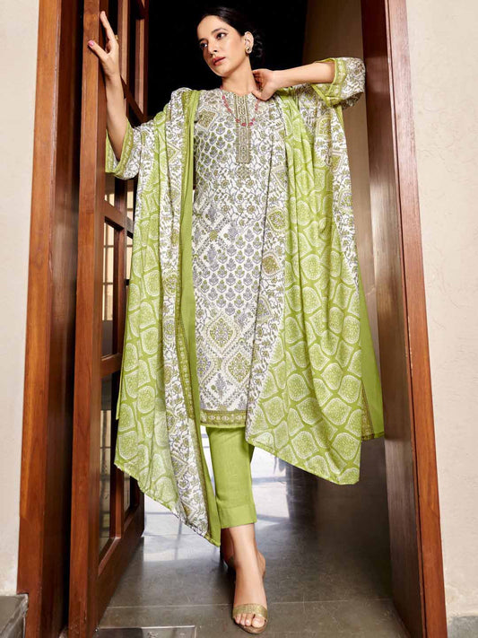 Zulfat Cotton Block Printed Unstitched Suit Set with Embroidery Green