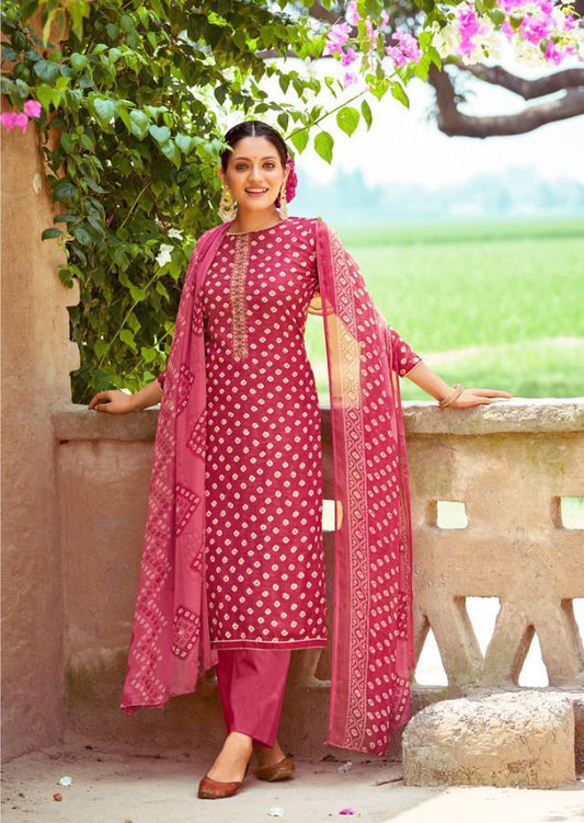 Sujyoti Unstitched Slub Cotton Printed Suit With Embroidery
