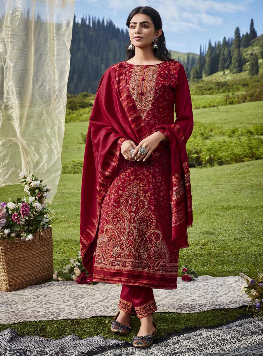 Belliza Wool Pashmina Red Winter Unstitched Suits - Stilento
