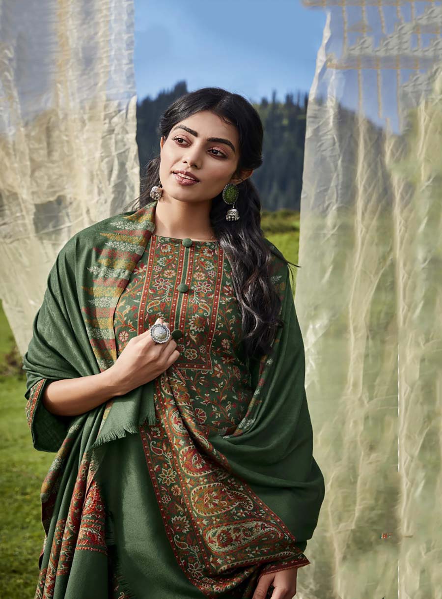 Belliza Wool Pashmina Green Winter Unstitched Suits - Stilento
