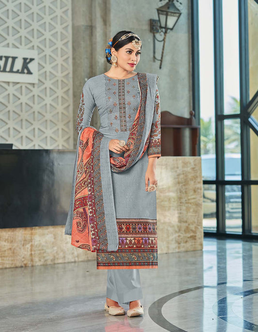 Unstitched Pure Cotton Women Grey Suit Material with Embroidery