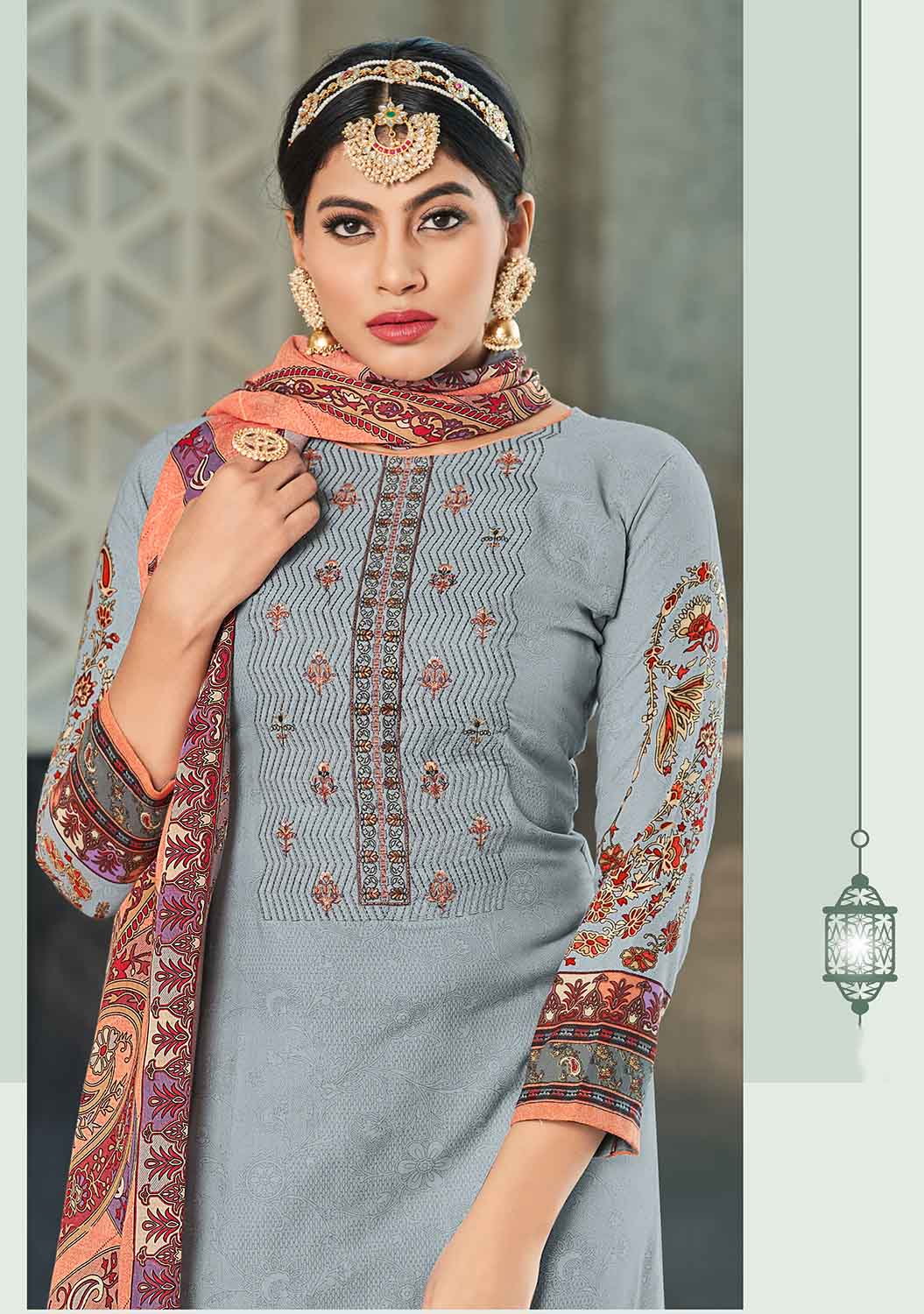 Unstitched Pure Cotton Women Grey Suit Material with Embroidery