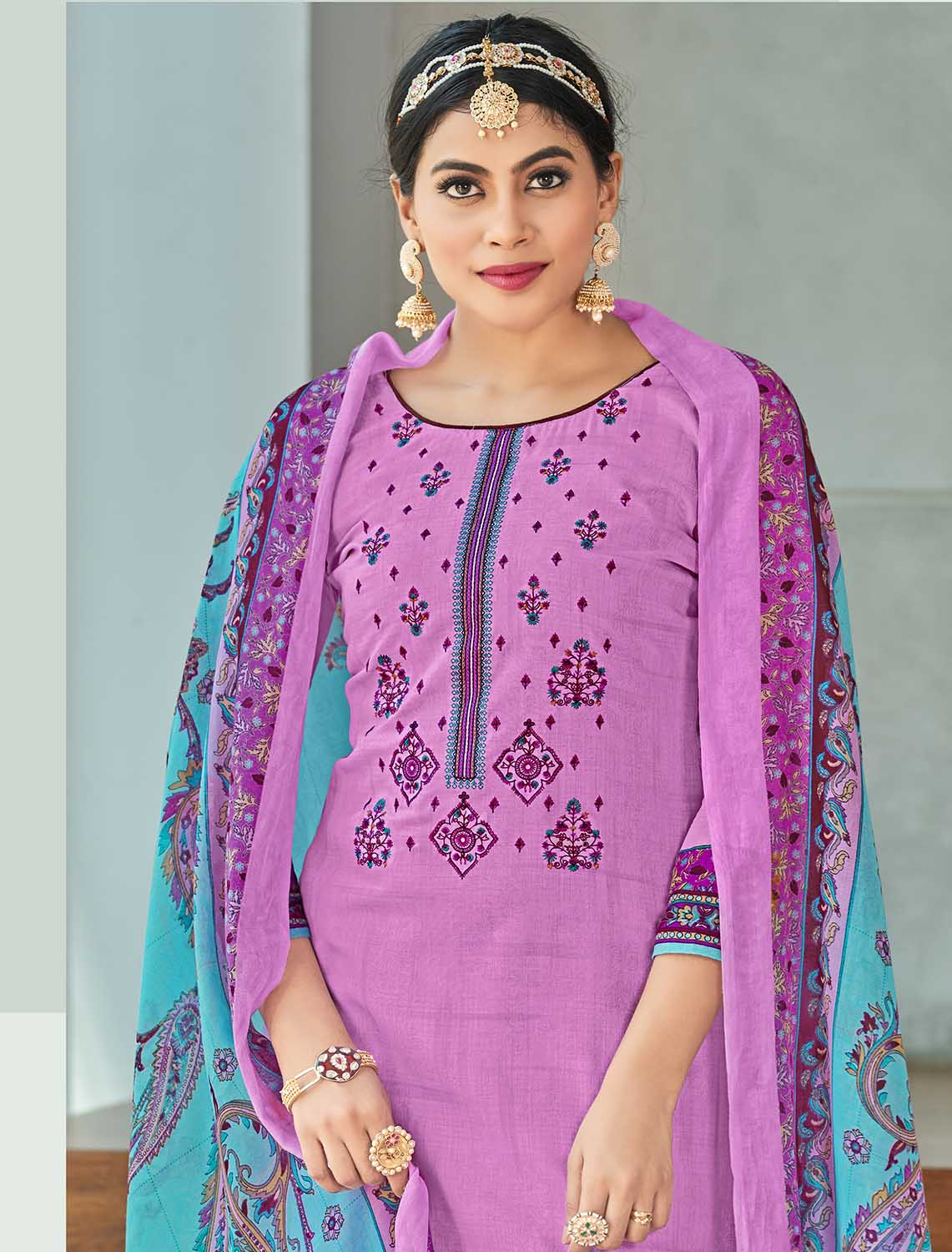 Unstitched Pure Cotton Women Purple Suit Material with Embroidery