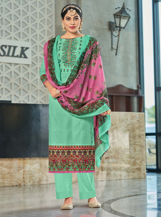 Unstitched Pure Cotton Women Green Suit Material with Embroidery