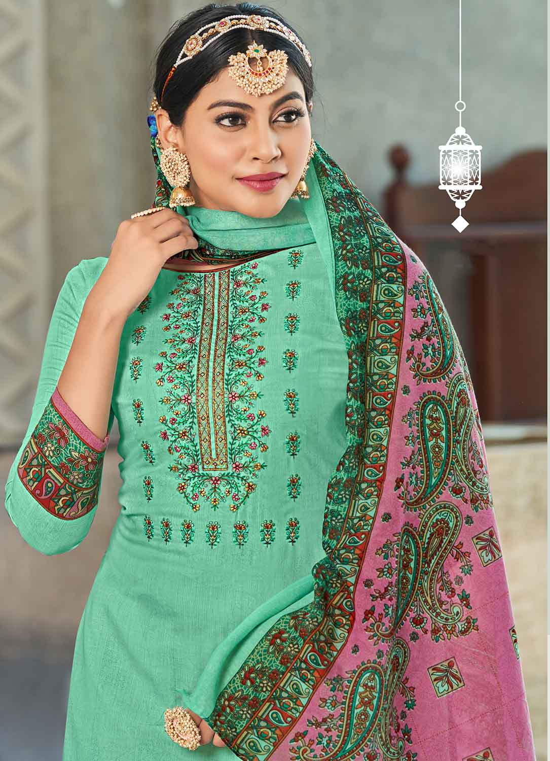 Unstitched Pure Cotton Women Green Suit Material with Embroidery