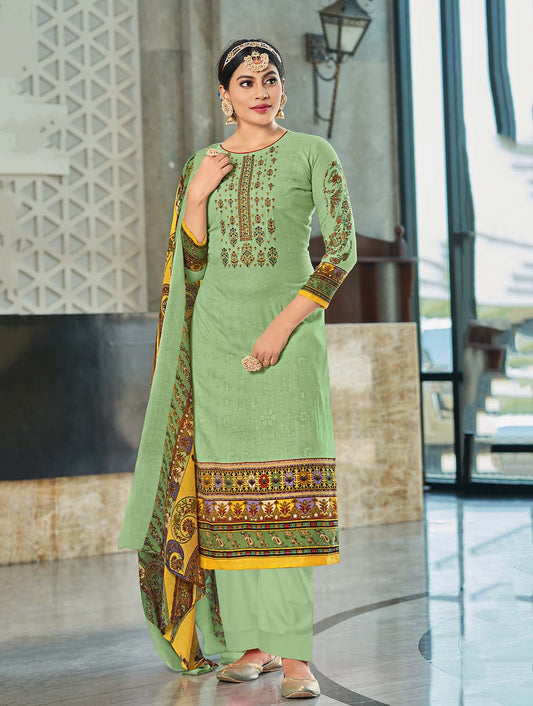 Unstitched Cotton Women Pista Green Suit Material with Embroidery