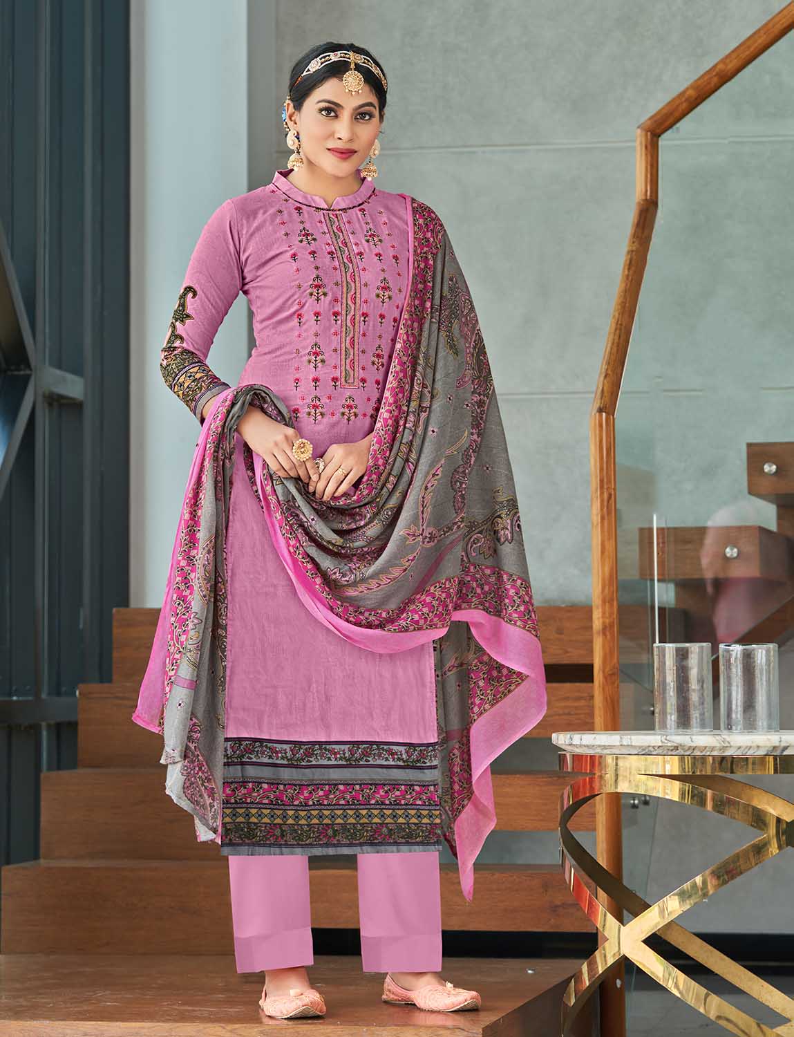 Unstitched Cotton Women Pink Suit Material with Embroidery