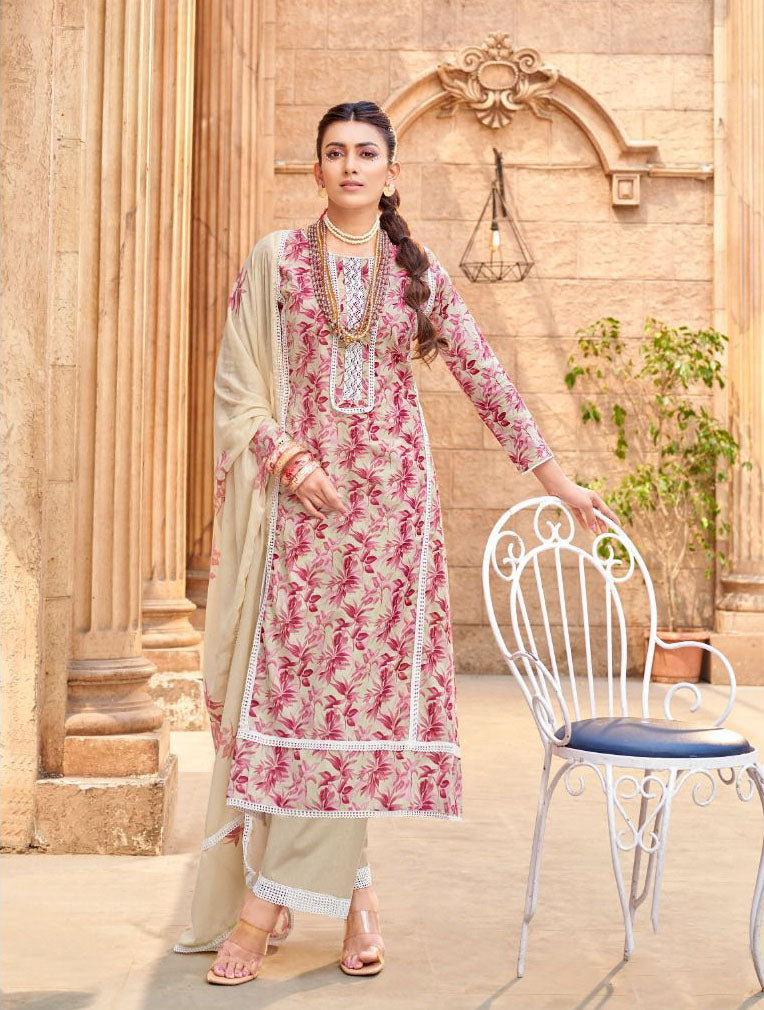 Unstitched Pure Lawn Cotton Suit Printed with Fancy Lace Work