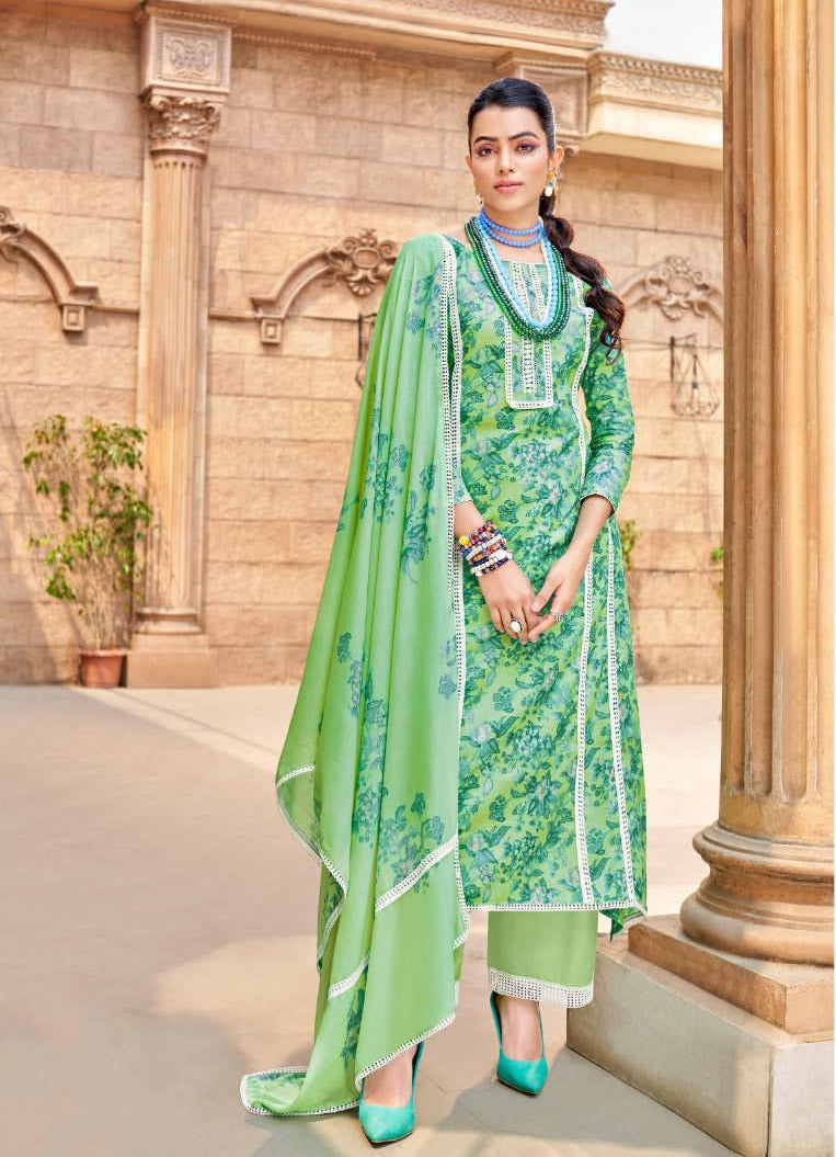 Unstitched Pure Lawn Cotton Suit Green Printed with Fancy Lace Work