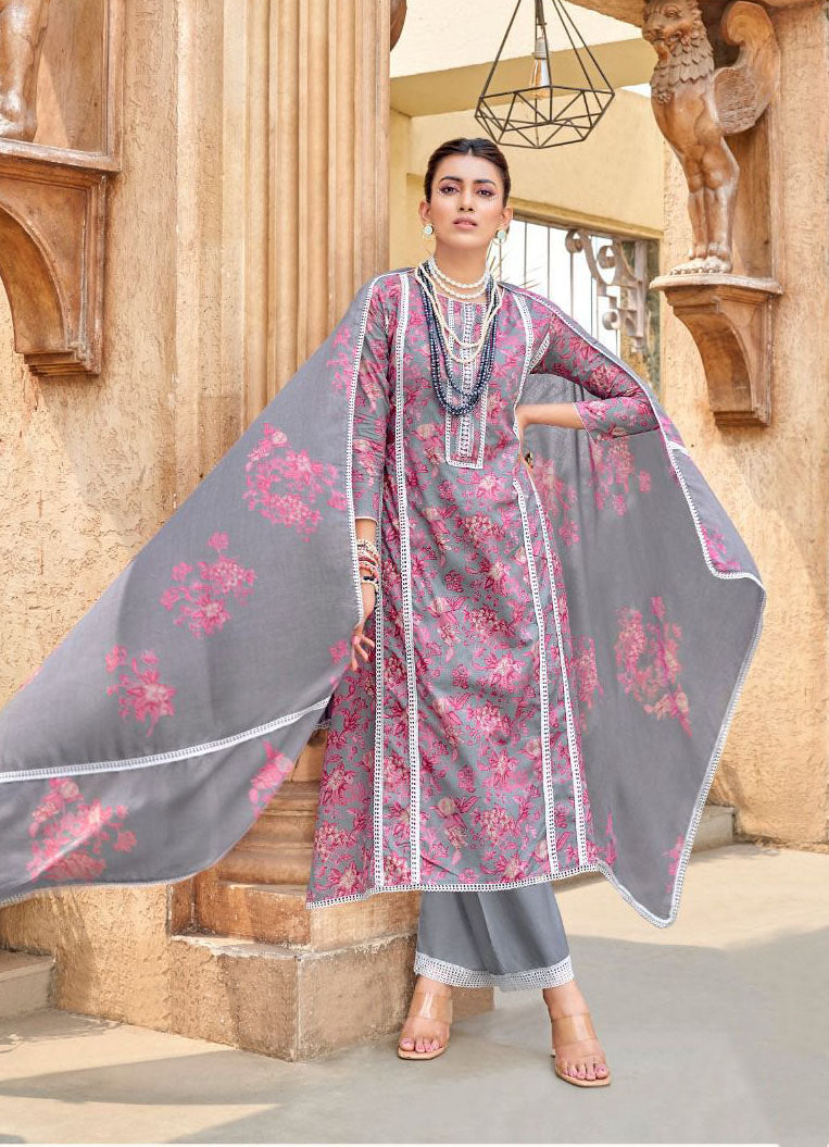 Unstitched Pure Lawn Cotton Suit Printed with Fancy Lace Work