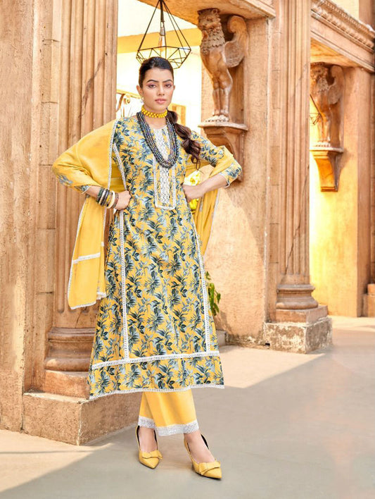 Unstitched Pure Lawn Cotton Yellow Suit Yellow Printed with Lace Work