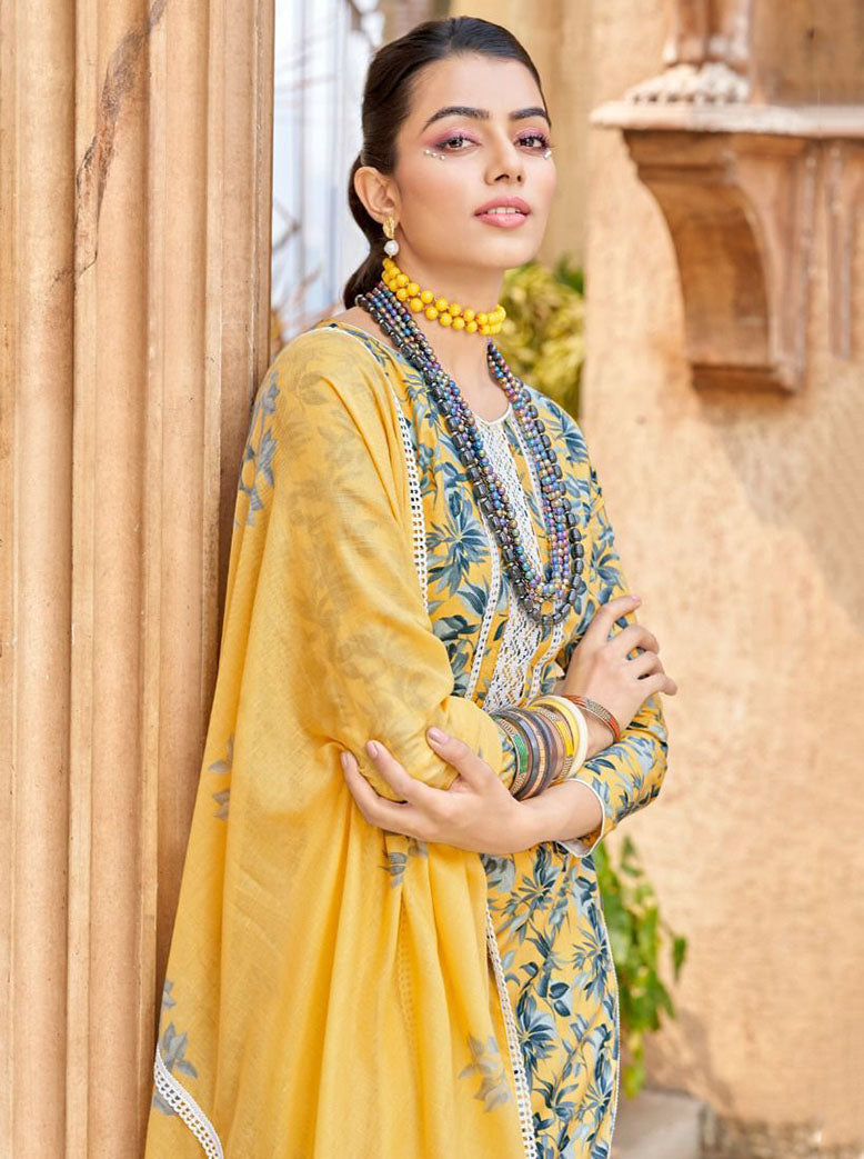 Unstitched Pure Lawn Cotton Yellow Suit Yellow Printed with Lace Work