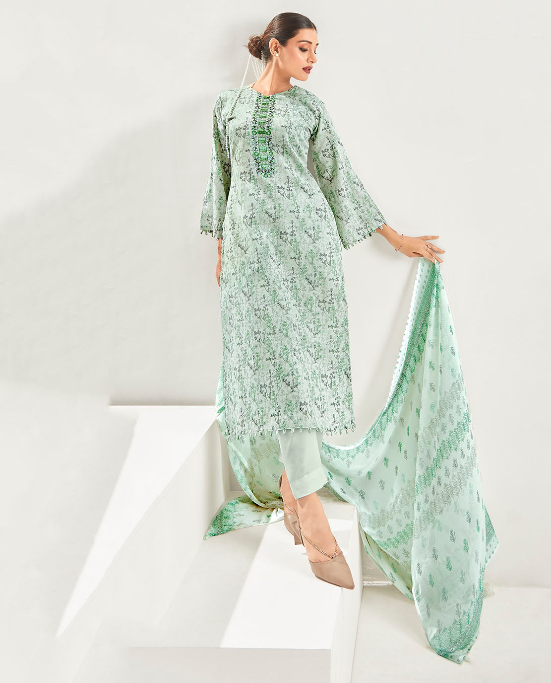Cotton Green Unstitched Suit Dress Material with Chiffon Dupatta