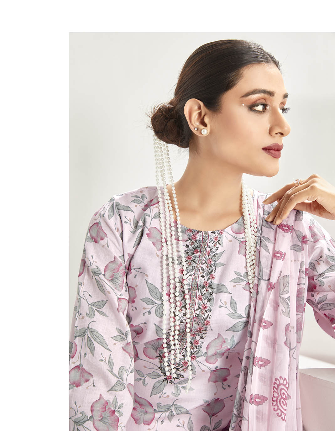 Cotton Light Pink Unstitched Suit Dress Material with Chiffon Dupatta