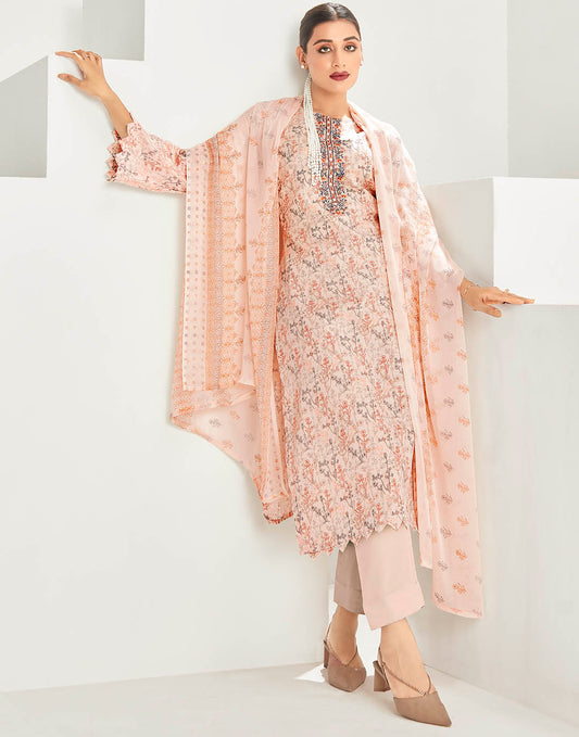 Cotton Light Orange Unstitched Suit Dress Material with Chiffon Dupatta