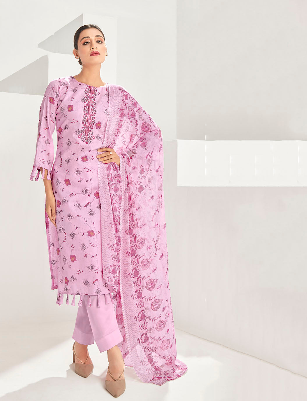 Cotton Pink Unstitched Women Suit Dress Material