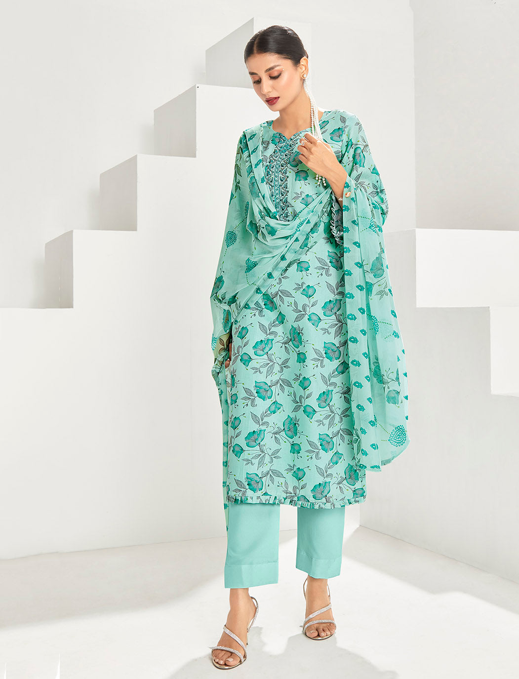 Cotton Teal Green Unstitched Women Suit Dress Material