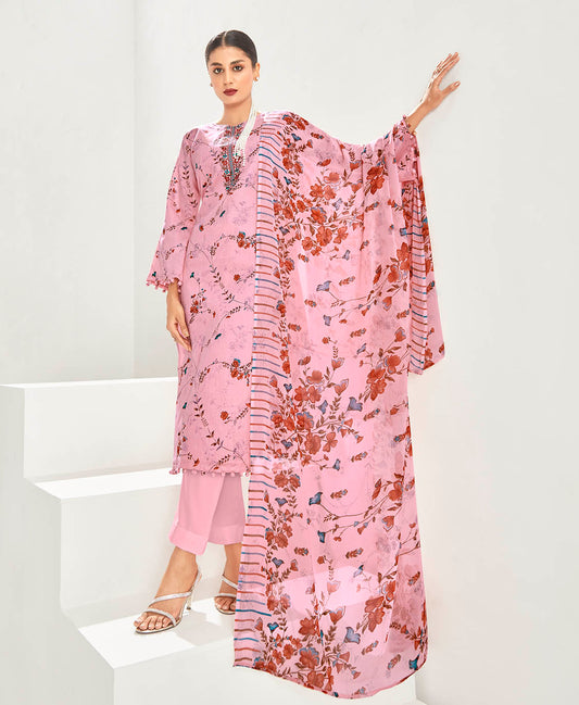 Cotton Unstitched Women Suit Dress Material Pink