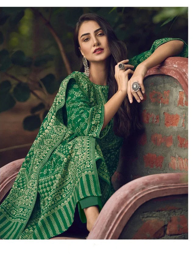 Handloom Weaving Green Pashmina Unstiched Winter Suit - Stilento