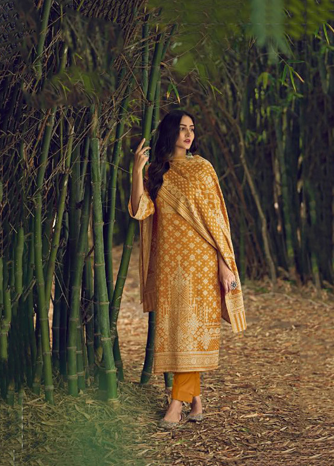 Handloom Weaving Pashmina Yellow Unstiched Winter Suit - Stilento