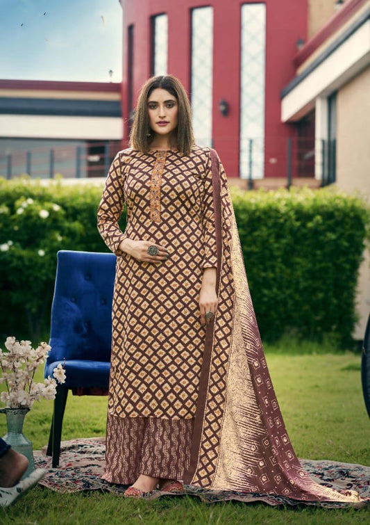 Unstiched Brown Winter Pashmina Woolen Suits for Ladies