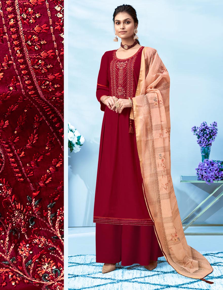 Women Dark Red Cotton Unstitched Suit Material with Embroidery
