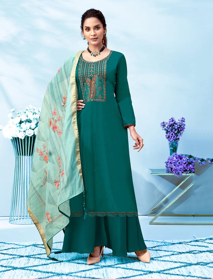 Women Green Cotton Unstitched Suit Material with Embroidery