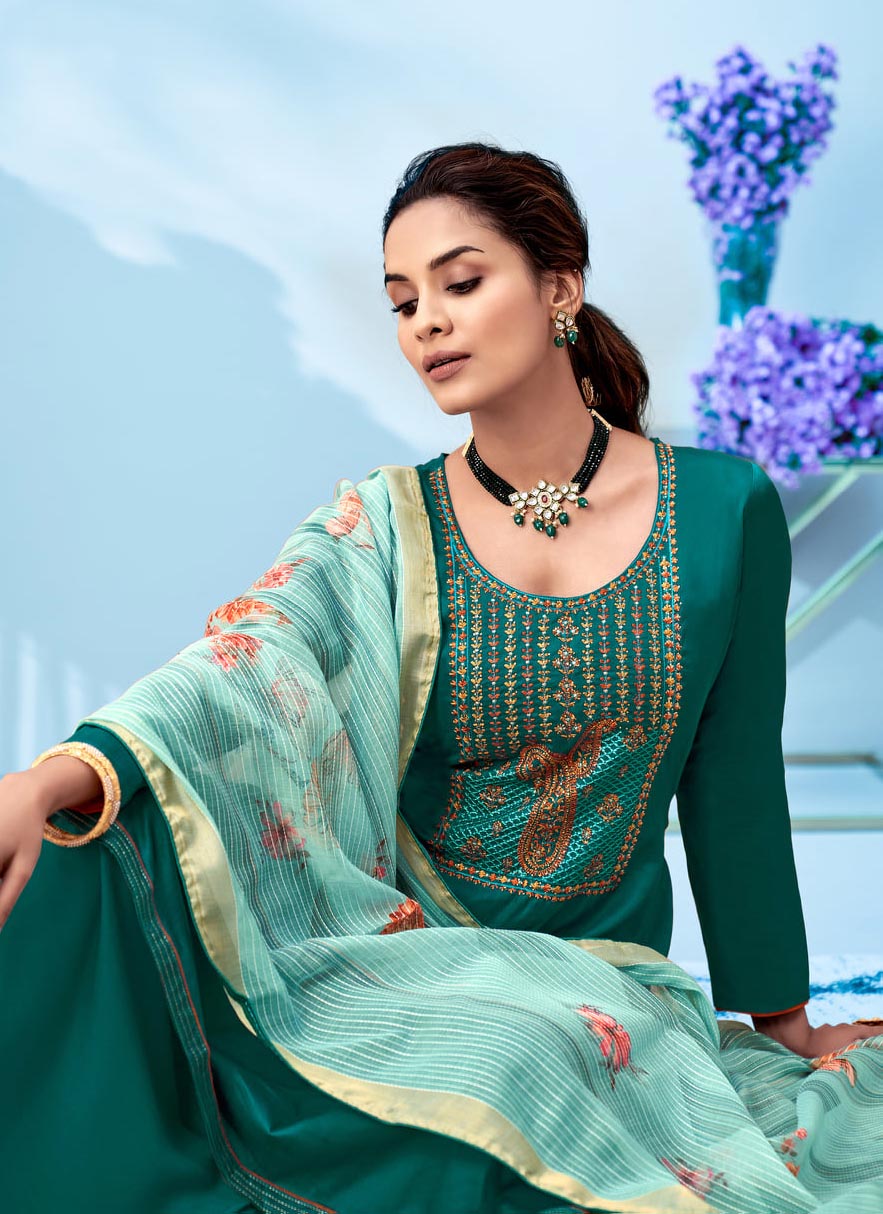 Women Green Cotton Unstitched Suit Material with Embroidery