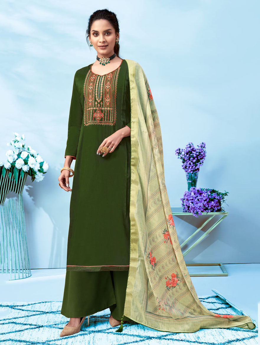 Women Dark Green Cotton Unstitched Suit Material with Embroidery