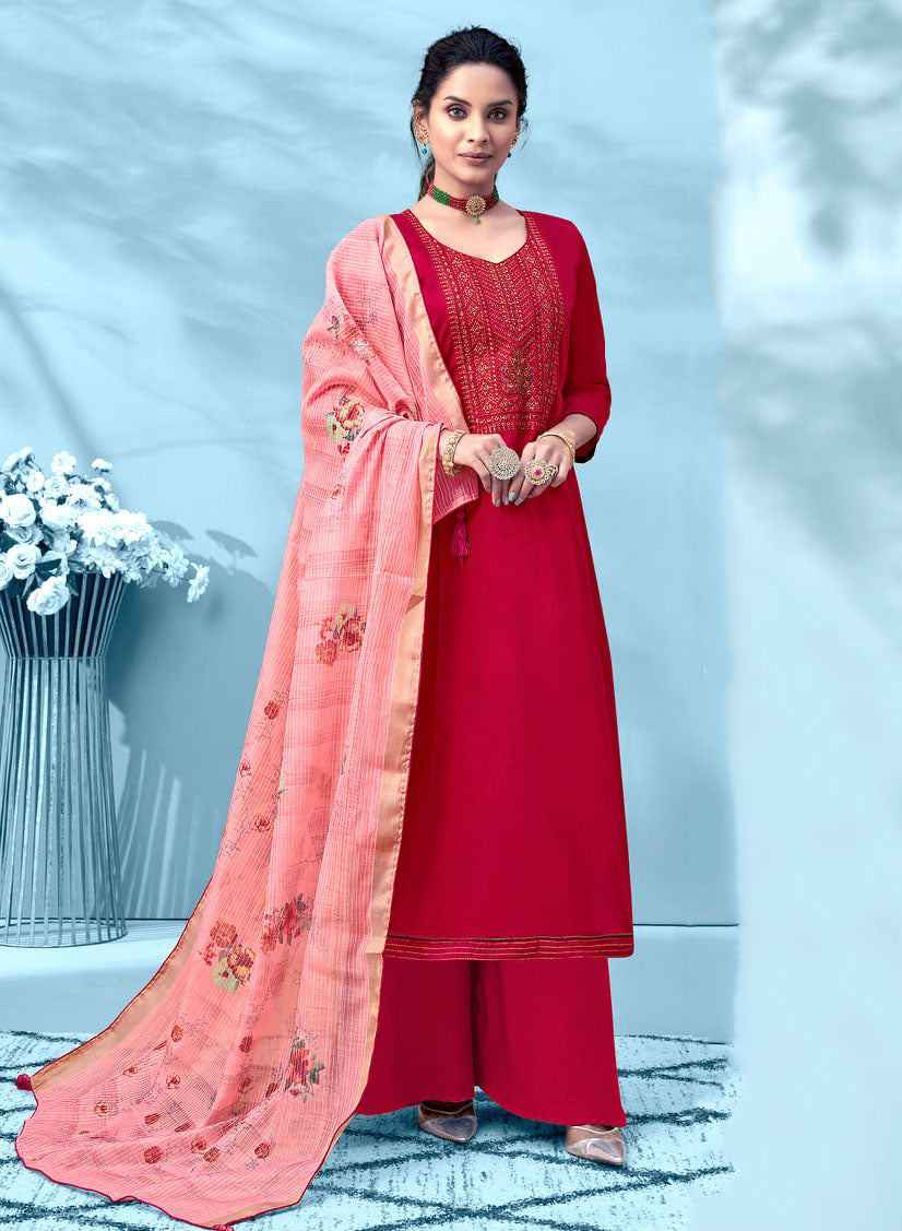 Women Red Cotton Unstitched Suit Material with Embroidery