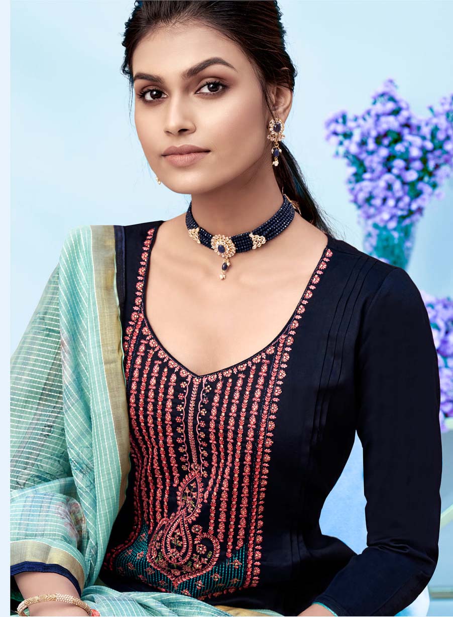 Women Blue Cotton Unstitched Suit Material with Embroidery
