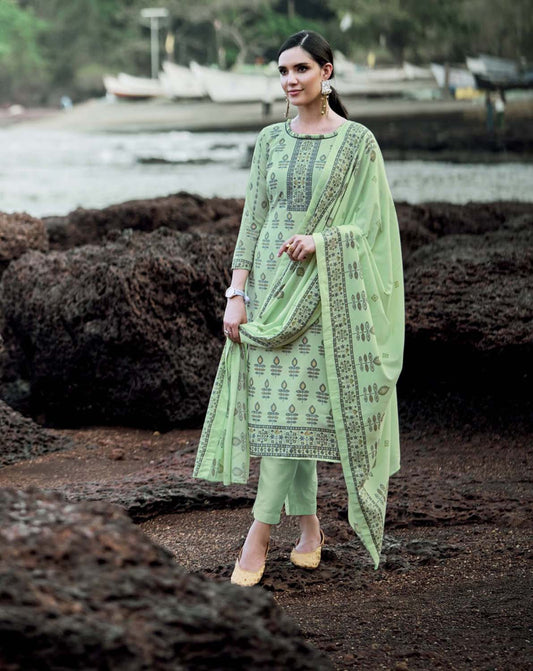 Sargam Unstitched Green Cotton Suits Dress Materials for Women