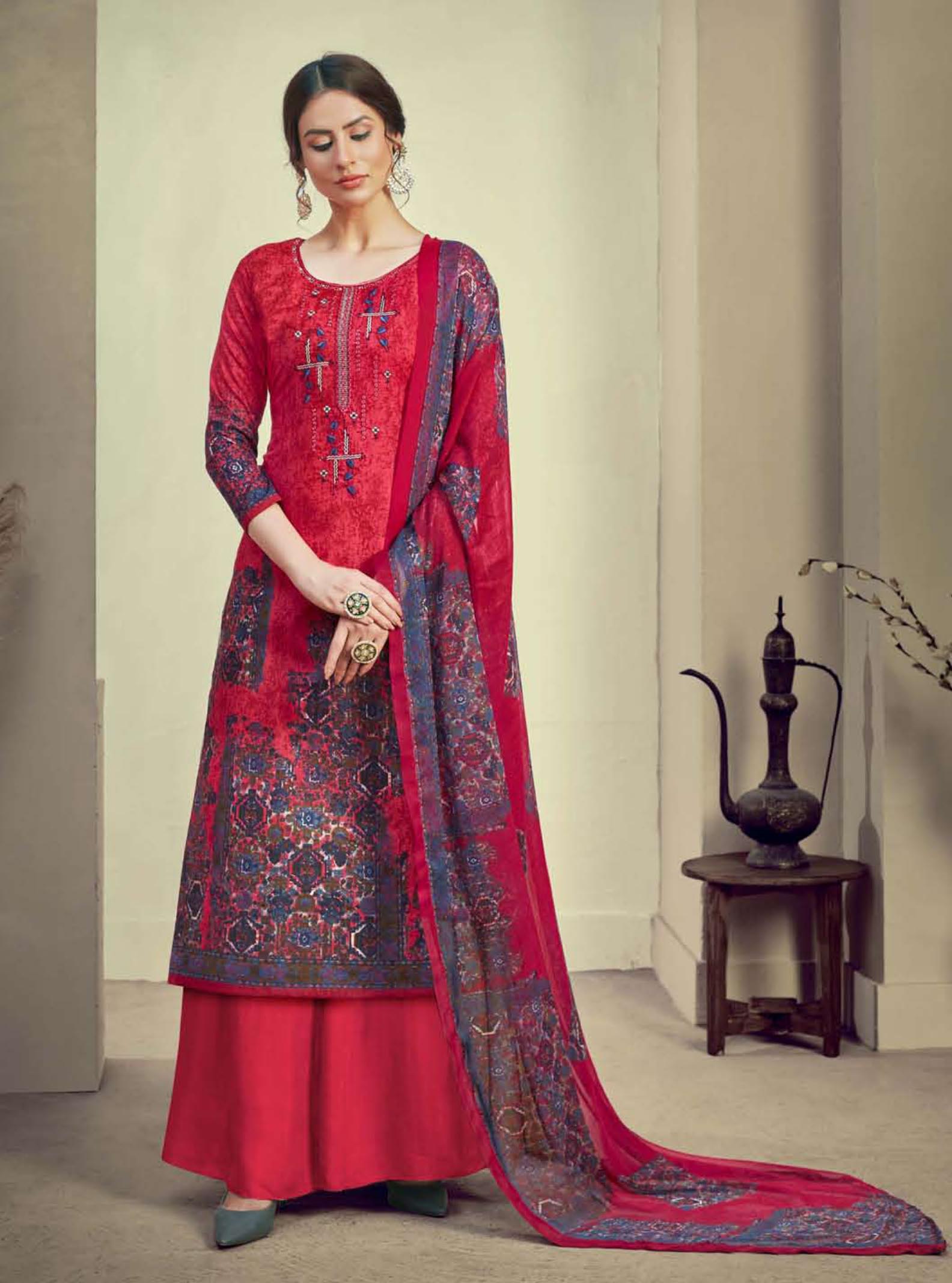Unstitched Red Cotton Embroidery Suits Dress Materials - Stilento