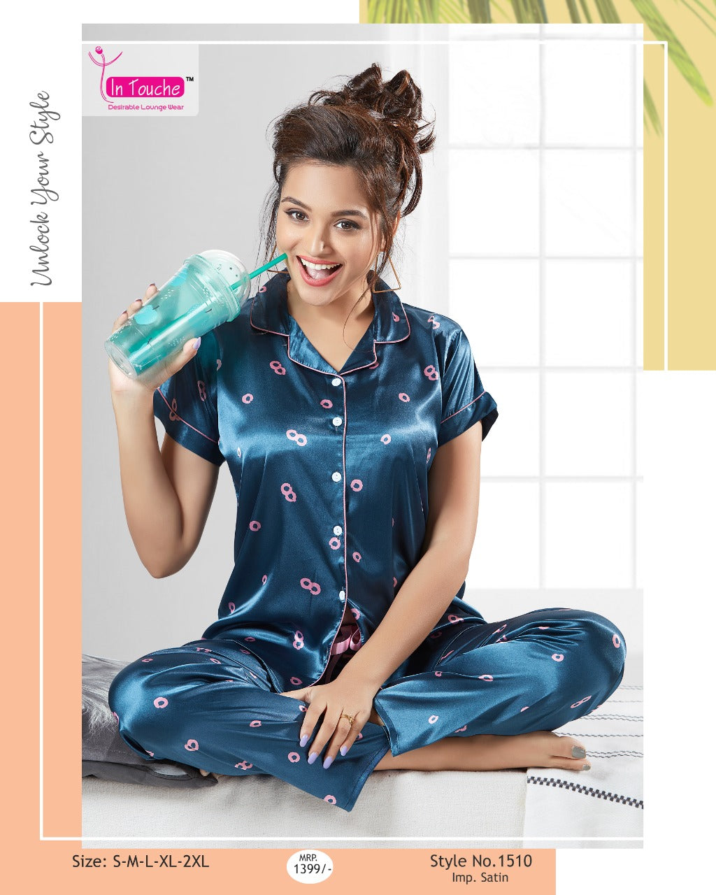 Adorable Printed Green Satin NightSuit Set for Ladies