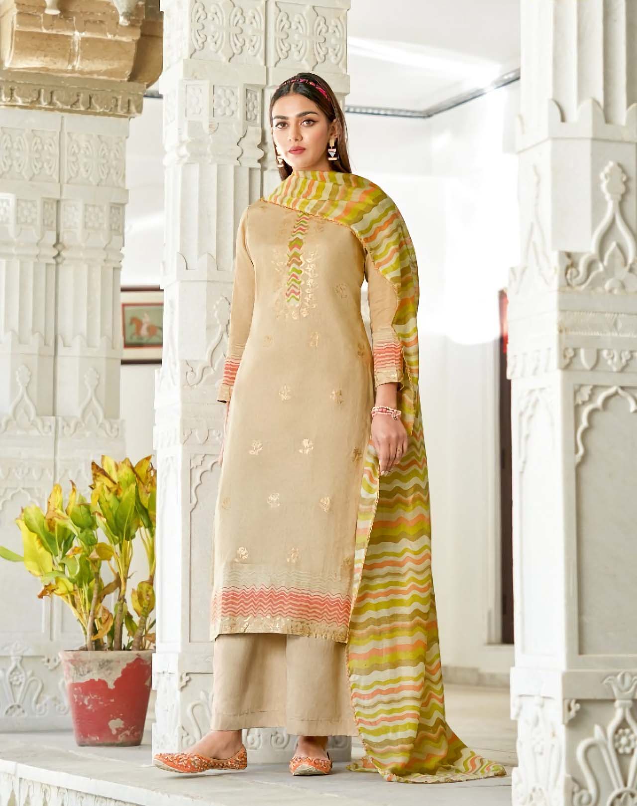 Alok Karachi Beige Unstitched Cotton Salwar Suits Dress Material - Stilento