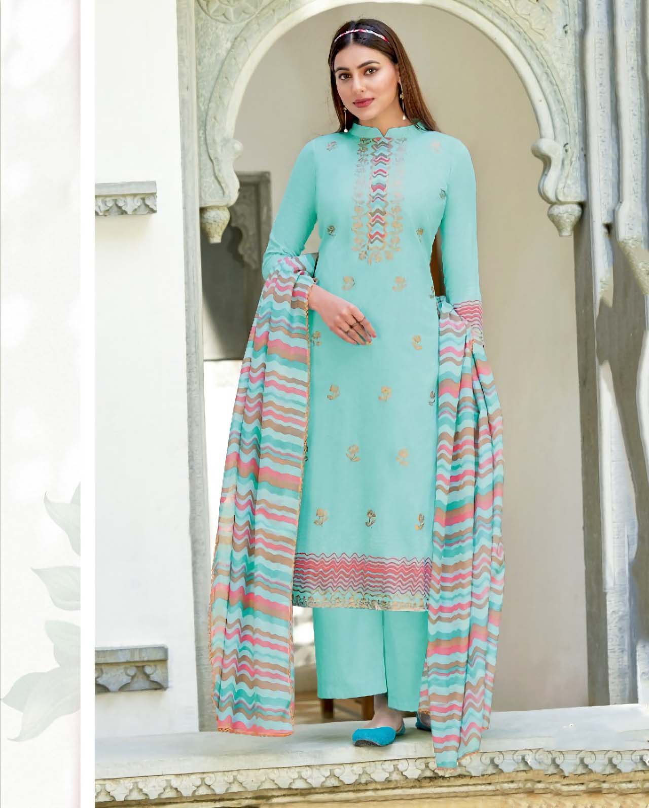 Alok Karachi Blue Unstitched Cotton Salwar Suits Dress Material - Stilento