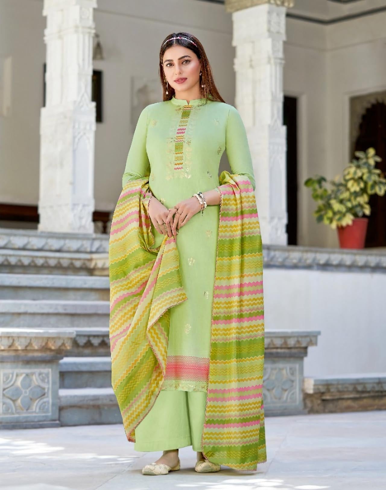 Alok Karachi Green Unstitched Cotton Salwar Suits Dress Material - Stilento