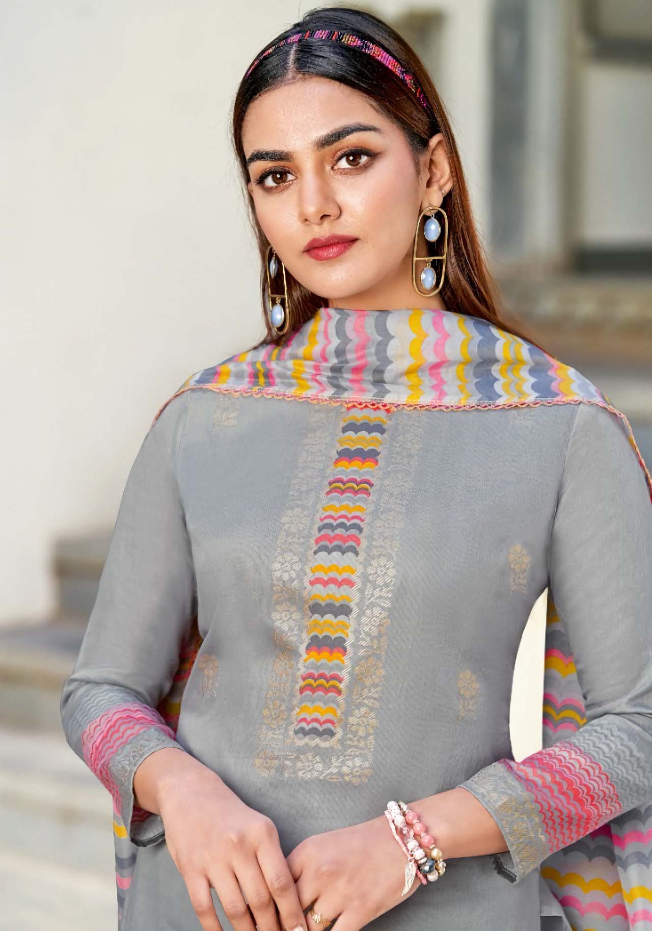 Alok Karachi Grey Unstitched Cotton Salwar Suits Dress Material - Stilento