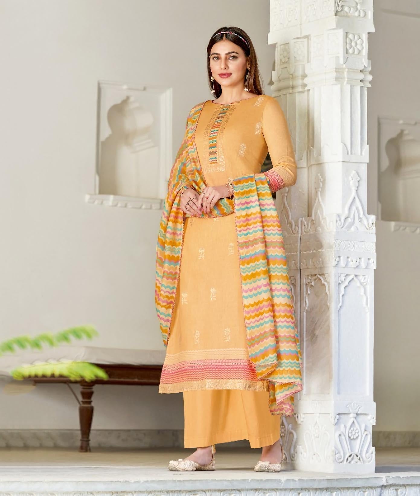 Alok Karachi Orange Unstitched Cotton Salwar Suits Dress Material - Stilento