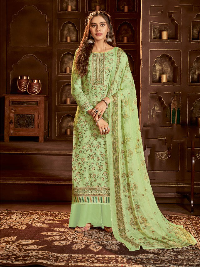 Alok Karachi Unstitched Cotton Green Salwar Suit Dress Material with Chiffon Dupatta - Stilento