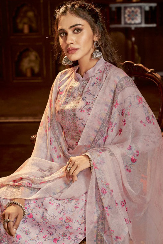 Alok Karachi Unstitched Cotton Pink Salwar Suit Dress Material with Chiffon Dupatta - Stilento