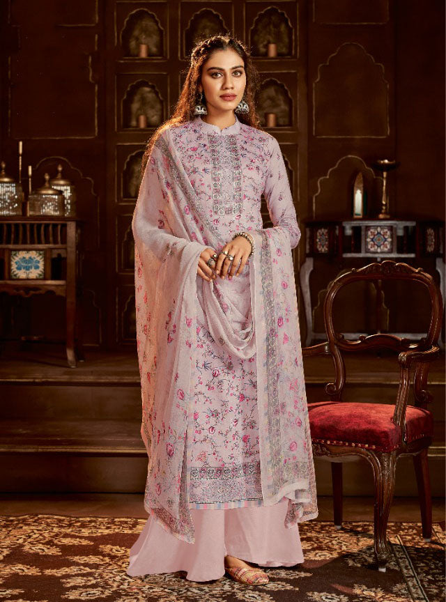 Alok Karachi Unstitched Cotton Pink Salwar Suit Dress Material with Chiffon Dupatta - Stilento