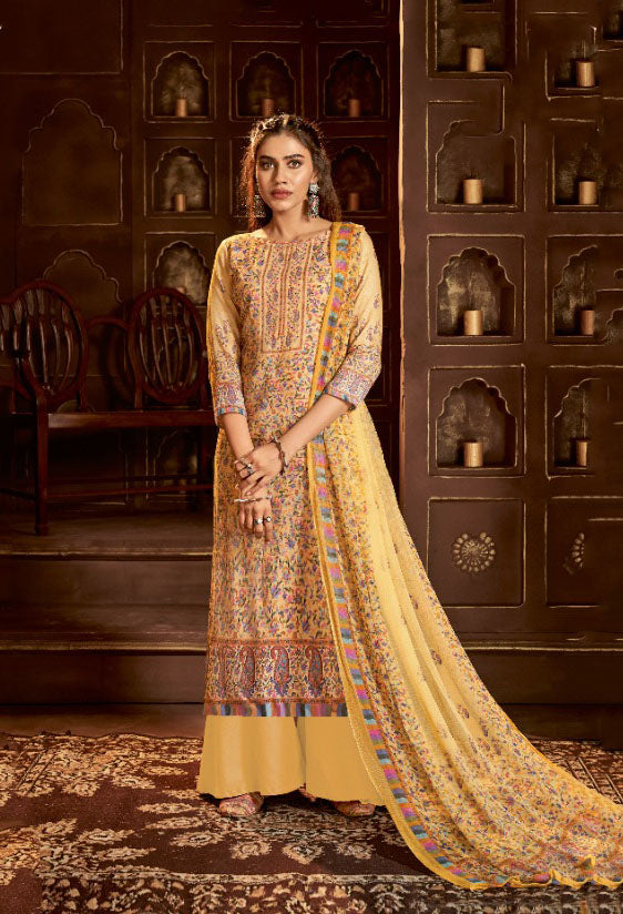 Alok Karachi Unstitched Cotton Salwar Suit Yellow Dress Material with Chiffon Dupatta - Stilento
